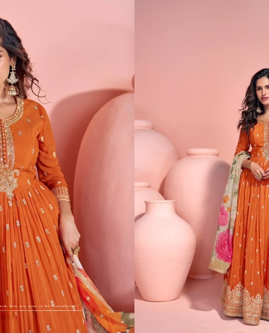5793 - ORANGE DESIGNER EMBROIDERED PREMIUM CHINON SILK ANARKALI GOWN